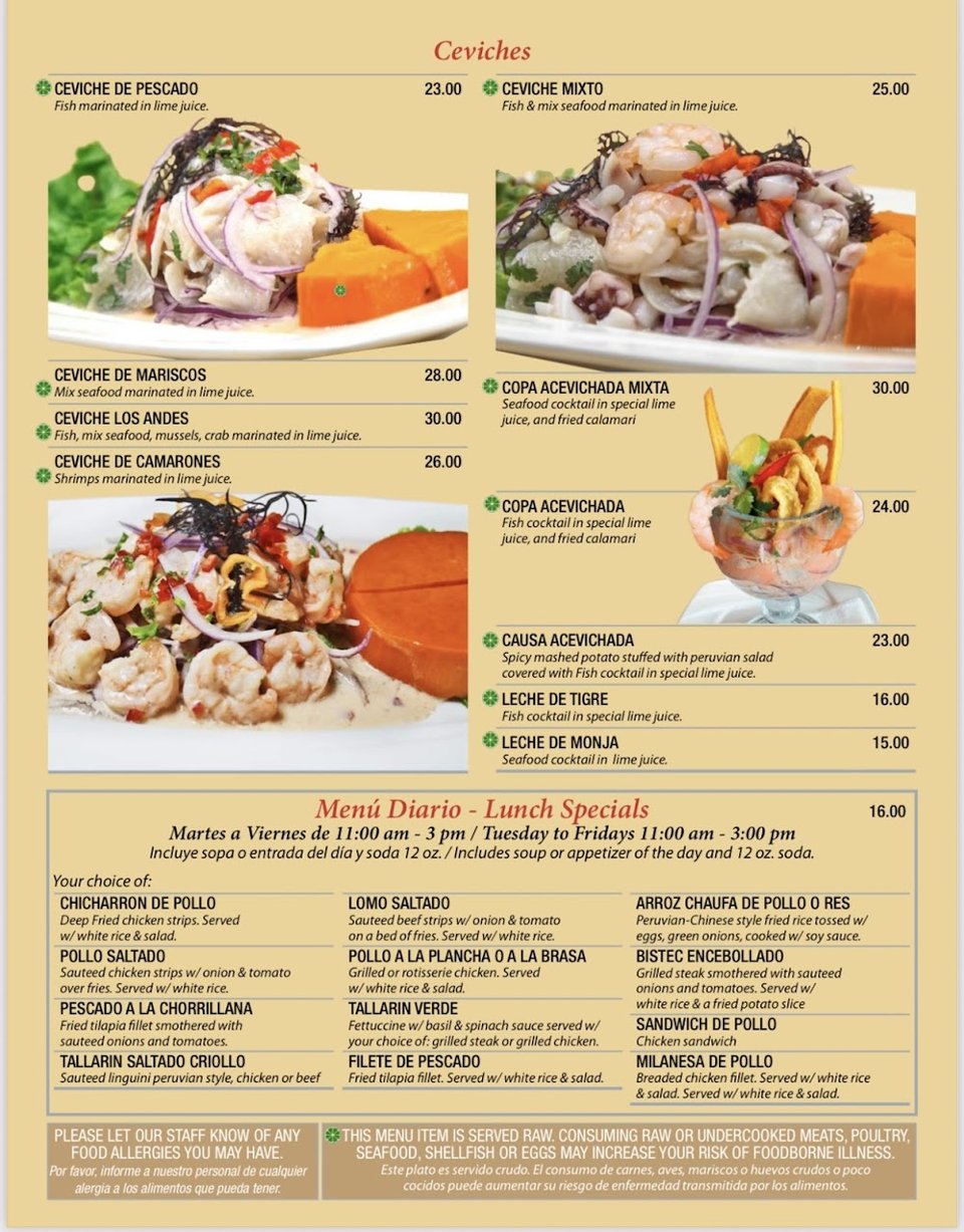 Menu page showing ceviche and seafood dishes.