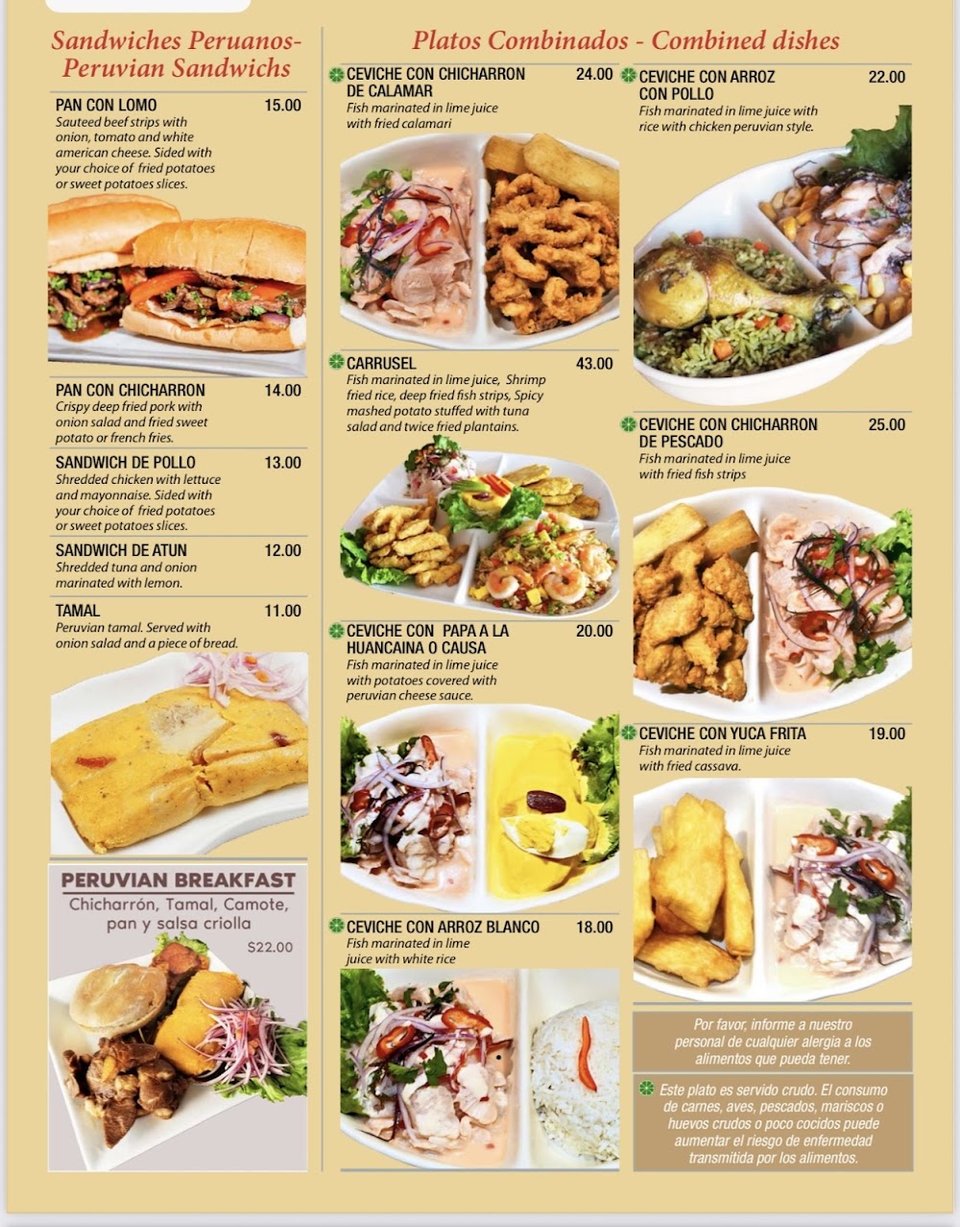 Printed menu with Peruvian soups and entrées.