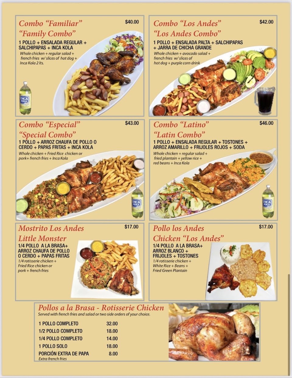 Restaurant menu featuring chicken, seafood, and pasta.